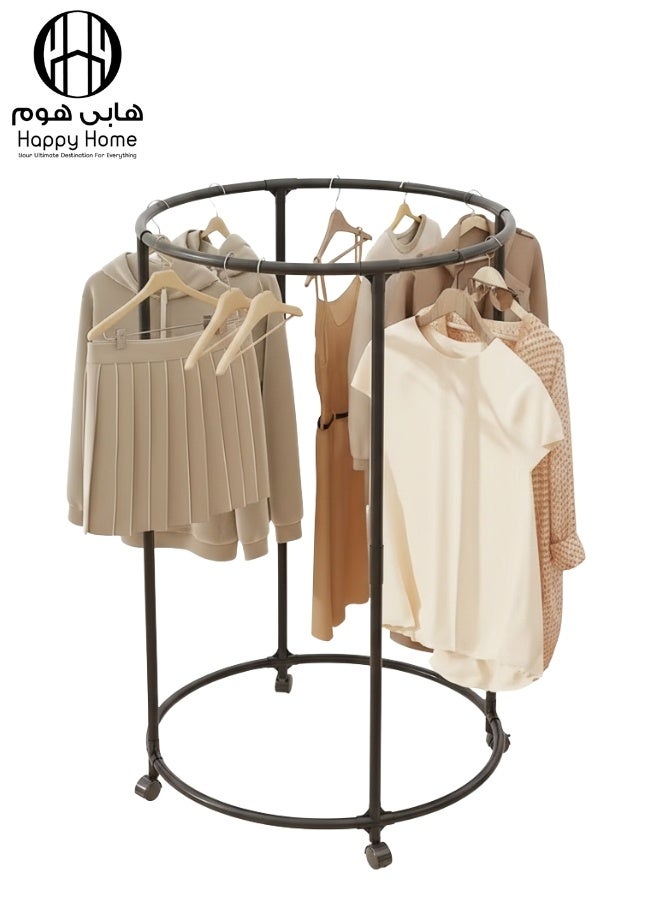 هابي هوم ستاند ملابس دائري متحرك بعجلات – شماعة ملابس معدنية قائمة بذاتها بزاوية دوران 360 درجة – منظم ملابس أرضي متعدد الاستخدامات للمنازل والمحلات التجارية والبوتيكات – تصميم عملي بثبات عالي وقدرة تحمل قوية وسهل التركيب - Image 1